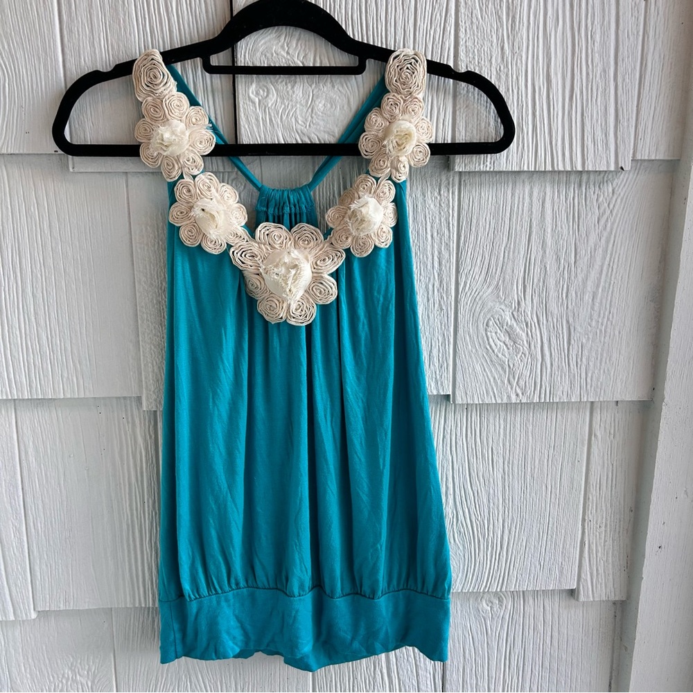 Y2K rue 21  Turquoise Sleeveless Top with Floral Accents